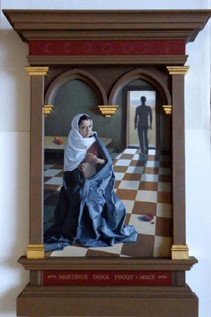 olajfestmény portré, angyali üdvözlet reneszánsz keretben